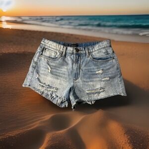 Women's High Rise Boyfriend "See Thru Soul" Shorts Blue Size 29 Raw Hem Distress